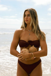 Burgundy Front Knot Bandeau Cheecky Bikini Sets