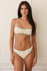 Beige Floral Front Tie Tank Bikini Sets