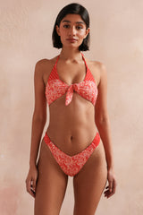 Red Floral Front Knot Bikini Sets