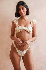 Beige Floral Cap Sleeves Bikini Sets