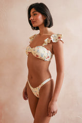 Beige Floral Cap Sleeves Bikini Sets