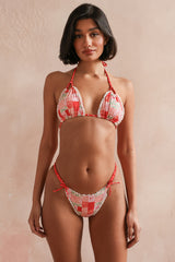 Red Patchwork Print Self-Tie Triangle Halter Bikini Set