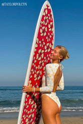 White Floral Long Sleeved One Piece Swimsuit