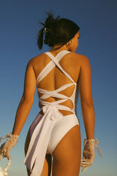 White Cross Tie Back One Piece Swimsuit