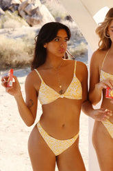 Yellow Dainty Floral Front Knot Bikini Sets