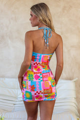Pink Geo Floral Halter Mini Dress