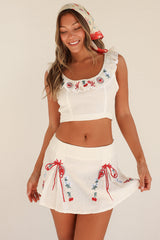Beige Embroidery Floral Mini Skirt