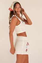 Beige Embroidery Floral Mini Skirt