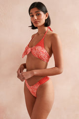 Red Floral Front Knot Bikini Sets