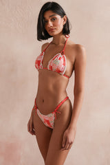 Red Patchwork Print Self-Tie Triangle Halter Bikini Set